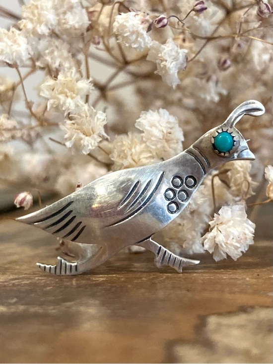 Silver Tone Quail Brooch with Turquoise Colored Detail Southwest Style Pin - Picture 2 of 14